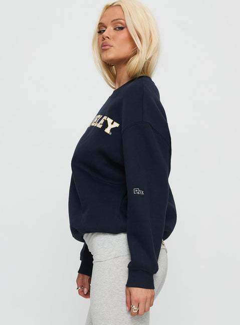 side view of model wearing Princess Polly UC Berkeley Offside Crewneck Sweatshirt Navy 