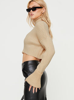 Front view of model wearing  front Juelz Sweater Beige Princess Polly  Cropped 