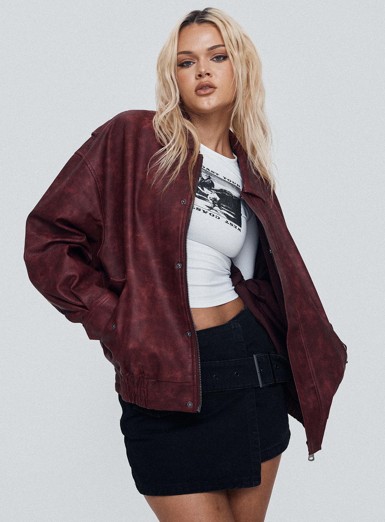 Burgundy Faux leather bomber jacket