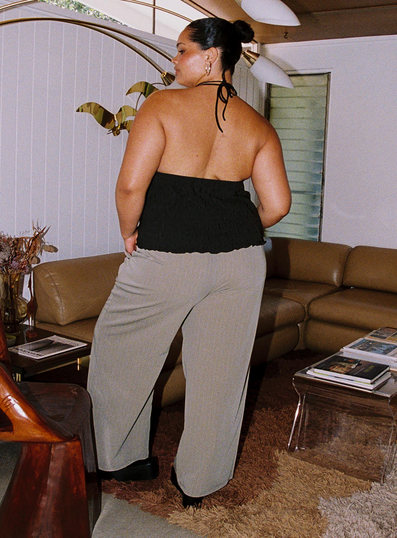 Front view of model wearing  front Princess Polly Low Rise Pants Low Rise Pants Low Rise Pants Low Rise Pants  Archer Pants Pinstripe Beige Curve