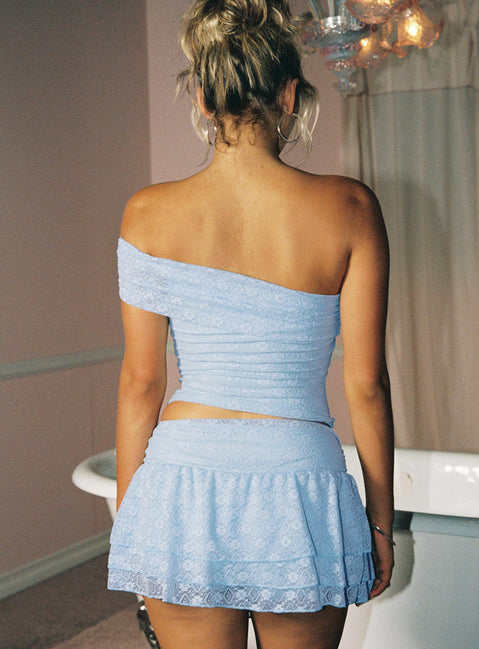 back view of model wearing Princess Polly Believe In Paradise Off Shoulder Mesh Top Blue Sleeveless Asymmetric Neckline 