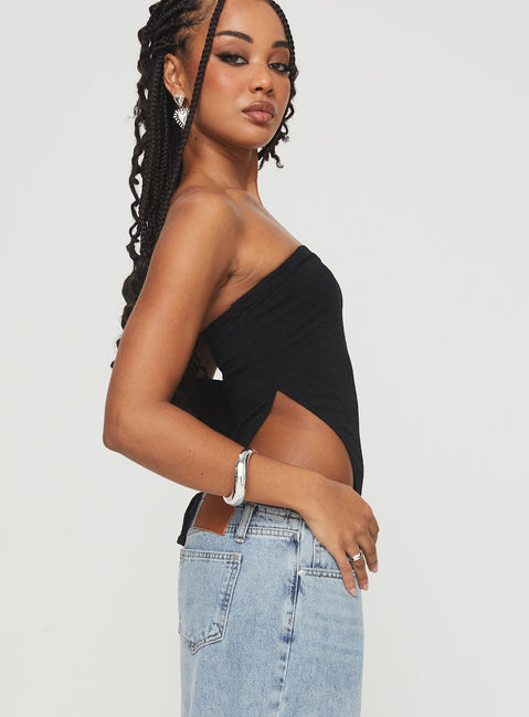 side view of model wearing Princess Polly Chardonay Strapless Top Black Sleeveless straight 