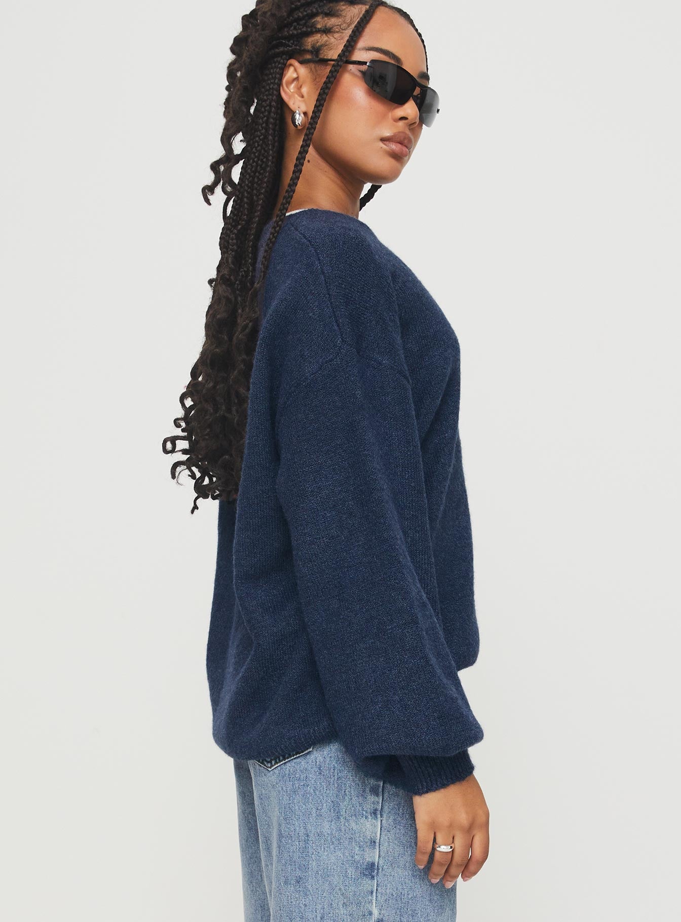 side view of model wearing Princess Polly Ryanna Sweater Navy Cropped 