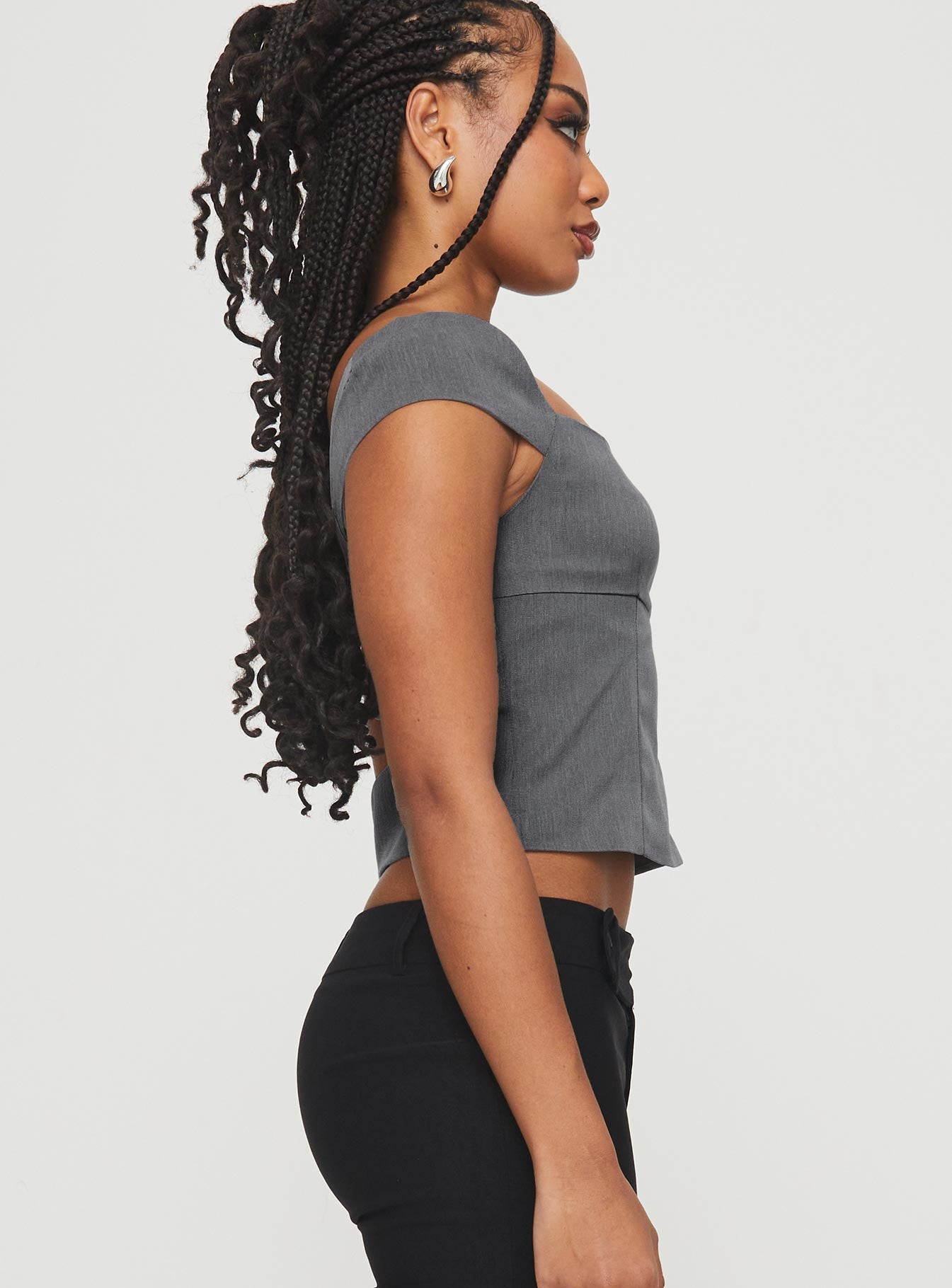 side view of model wearing Princess Polly Irie Top Grey Short Sleeves Square Neck 