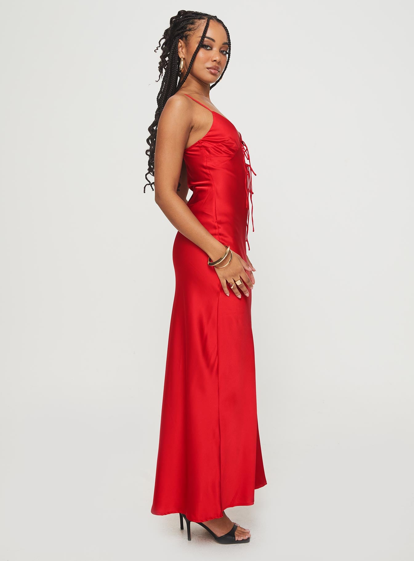side view of model wearing Princess Polly About A Girl Maxi Dress Red Plunger 