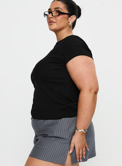 side view of model wearing Princess Polly Prestige Longline Baby Tee Black Curve Short Sleeves Crew Neck 