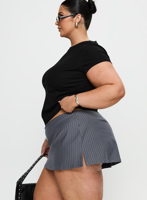 side view of model wearing Princess Polly Can't Sleep Skort Charcoal Stripe Curve High Waisted Shorts 