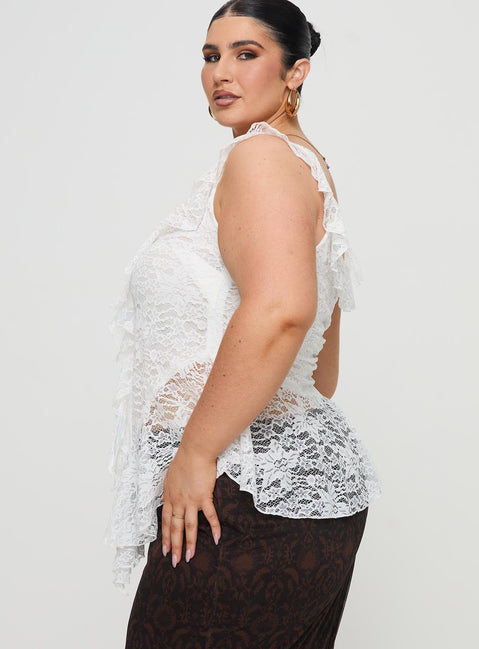 side view of model wearing Princess Polly Francia Frill Top White Curve Sleeveless V-Neck 