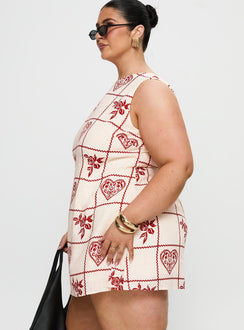 side view of model wearing Princess Polly Alfalfa Shift Mini Dress Red Floral Check Curve Crew Neck 