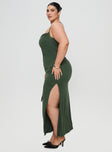 side view of model wearing Princess Polly Marchesi Cupro Maxi Dress Green Curve Cowl Neck 