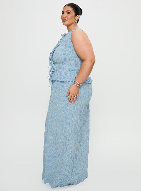 side view of model wearing Princess Polly Songbird Shirred Maxi Dress Blue Curve Crew Neck 