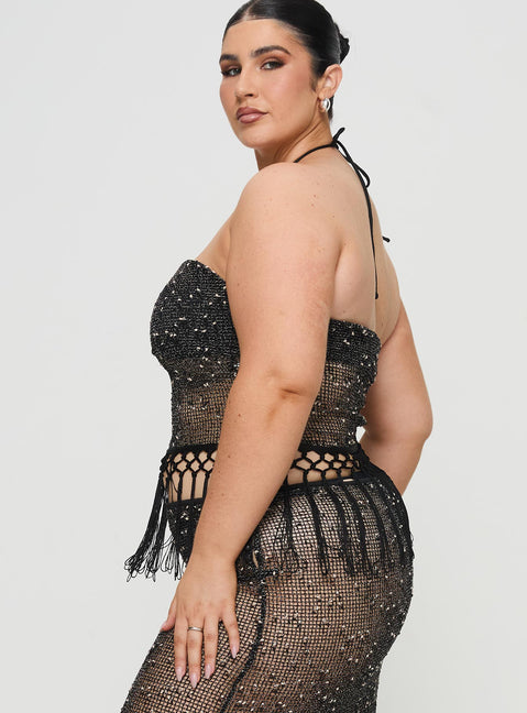 side view of model wearing Princess Polly Alnet Top Black Curve Sleeveless Sweetheart 