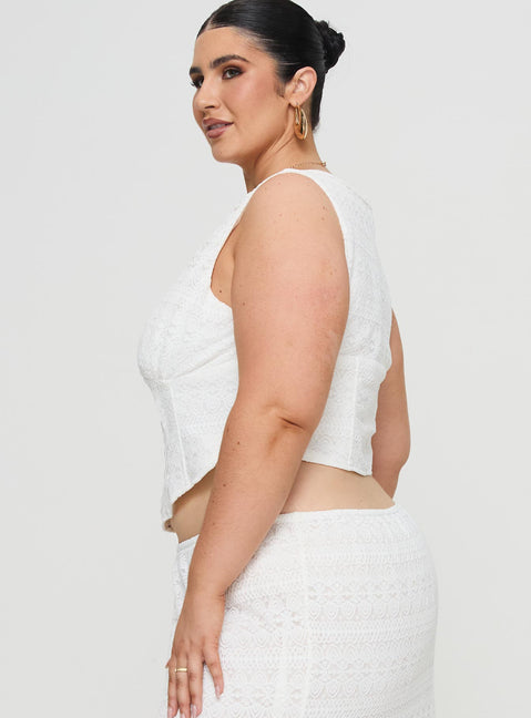 side view of model wearing Princess Polly Buttacupe Lace Corset Top White Curve Sleeveless Plunger 