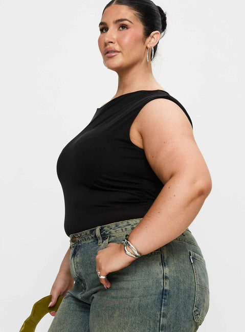 side view of model wearing Princess Polly Miyako Bodysuit Black Curve Sleeveless 