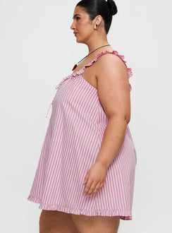side view of model wearing Princess Polly Zalina Babydoll Mini Dress Pink Stripe Curve Square Neck 