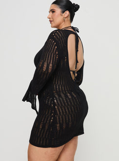 back view of model wearing Princess Polly Cylian Long Sleeve Knit Mini Dress Black Curve Crew Neck 