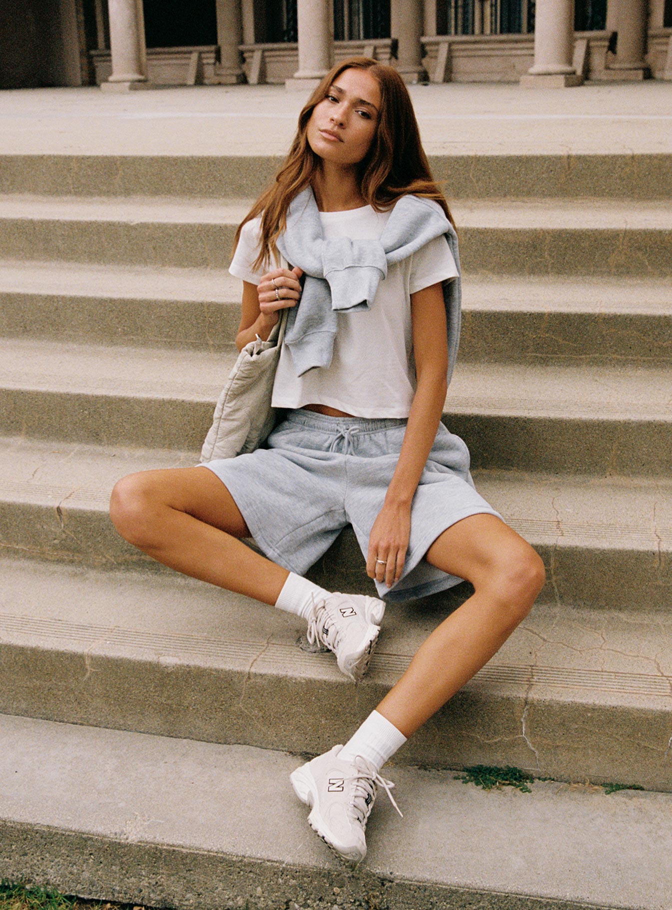 front view of model wearing Princess Polly Dream Fleece Longline Shorts Grey Marle High Waisted Shorts 