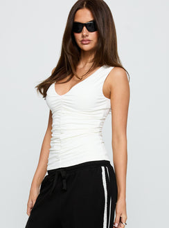 side view of model wearing Princess Polly Loving Is Easy Ruched Top White Sleeveless V-Neck 