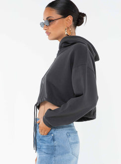 side view of model wearing Princess Polly Samwell Cropped Zip Up Hoodie Black Sand Cropped 