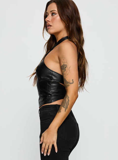 Treat You Better Ring Detail Faux Leather Top Black