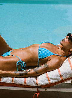 Jenner Tie Side Ruched Bikini Bottom Blue Check