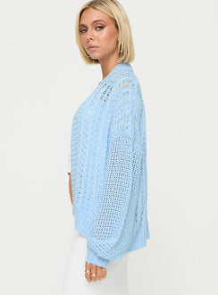 side view of model wearing Princess Polly Abner Cable Cardigan Blue regular 