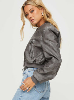 Faux leather bomber jacket High neckline, zip fastening, twin hip pockets, elasticated waistband and cuff Non-stretch material, fully lined 