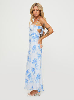 side view of model wearing Princess Polly Hamri Maxi Dress White / Blue Floral Sweetheart Neckline 
