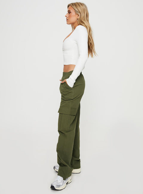 side view of model wearing Princess Polly Sessions Cargo Pants Olive Mid Rise 