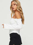 Off-the-shoulder Top Long sleeve, corset style, mesh trimming detail, boning throughout, elasticated shoulders & back Hook & eye down fastening at front 