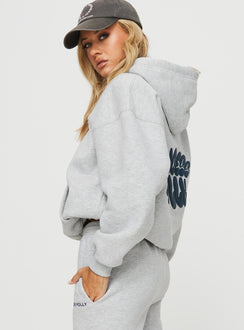 side view of model wearing Princess Polly Princess Polly Hooded Sweatshirt Bubble Text Grey Marle / Slate 