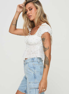 side view of model wearing Princess Polly Yvaine Top White Short Sleeves Square Neck 