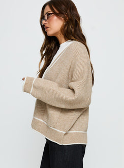 side view of model wearing Princess Polly Cressara Contrast Knit Cardigan Beige / White Cropped Jumpers 