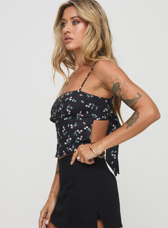 side view of model wearing Princess Polly Orionis Top Black Sleeveless Square Neck 