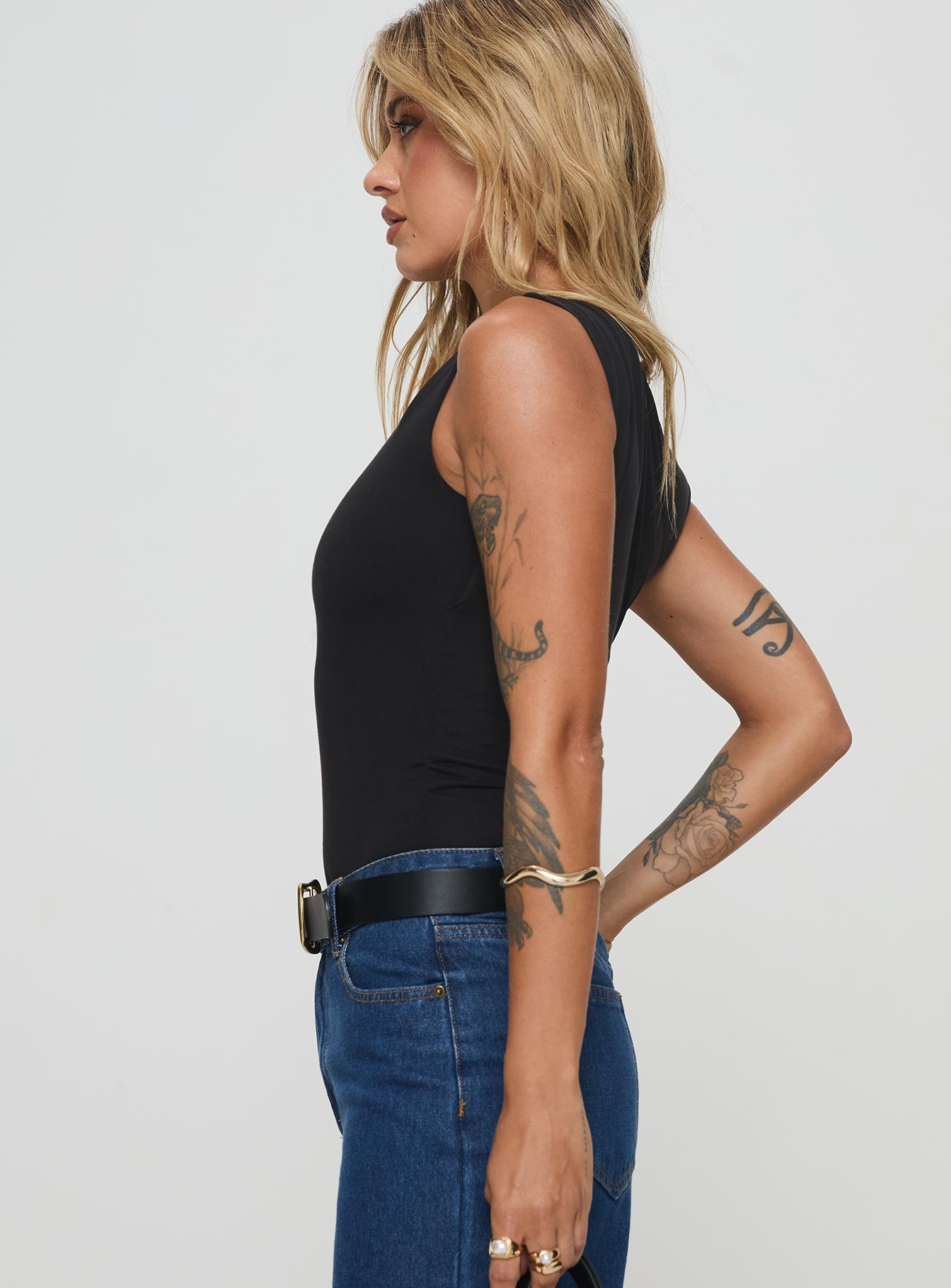 side view of model wearing Princess Polly Miyako Bodysuit Black Sleeveless 