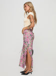 Floral print maxi skirt V-waist, invisible zip fastening, leg slit Non-stretch material, fully lined