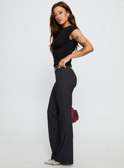 side view of model wearing Princess Polly True Grit Eyelet Flare Pants Grey Mid Rise Pants 