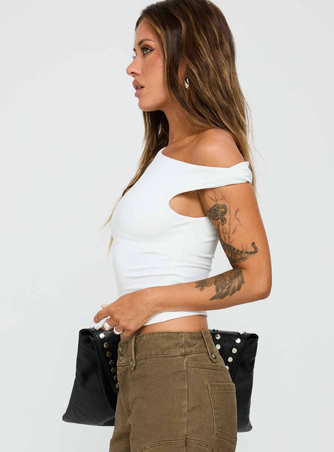 side view of model wearing Princess Polly Danza Top White Short Sleeves Asymmetric Neckline 