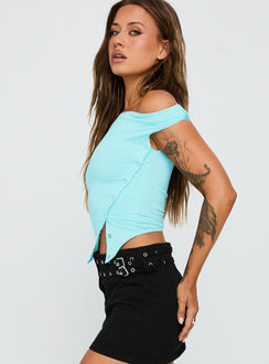 side view of model wearing Princess Polly Karre Off The Shoulder Top Aqua Short Sleeves Asymmetric Neckline 