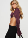Long sleeve crop top Silky material, elasticated shoulders, Lace trim, wired cups, micro crop style  Tie fastening at back, elasticated back panel