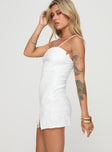 side view of model wearing Princess Polly Old Oak Mini Dress White Square Neck 