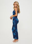 side view of model wearing Princess Polly Floriane Maxi Dress Navy Crew Neck 