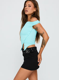 side view of model wearing Princess Polly Paltrow Cargo Mini Skort Washed Black High Waisted Shorts 