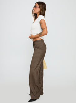 side view of model wearing Princess Polly Broadcast Pants Beige Pinstripe Low Rise Pants 