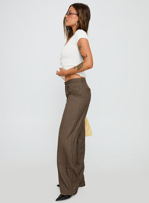 side view of model wearing Princess Polly Broadcast Pants Beige Pinstripe Low Rise Pants 