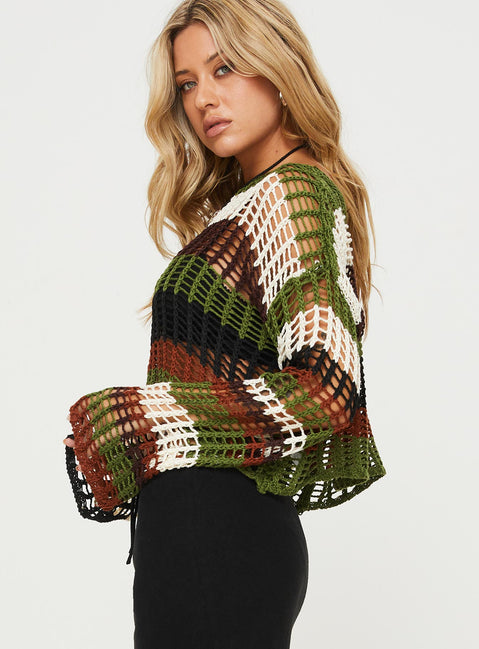side view of model wearing Princess Polly Baizen Knit Sweater Sage Multi Cropped 
