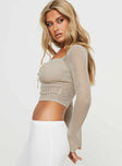 Long sleeve top  Knit sheer material, square neckline, keyhole cut-out with tie fastening