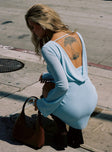 side view of model wearing Princess Polly Visualize Long Sleeve Mini Dress Light Blue High Neck 