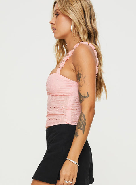 side view of model wearing Princess Polly Franca Top Pink Sleeveless Sweetheart 