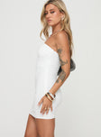 side view of model wearing Princess Polly Luckie Strapless Mini Dress White Straight Neck 